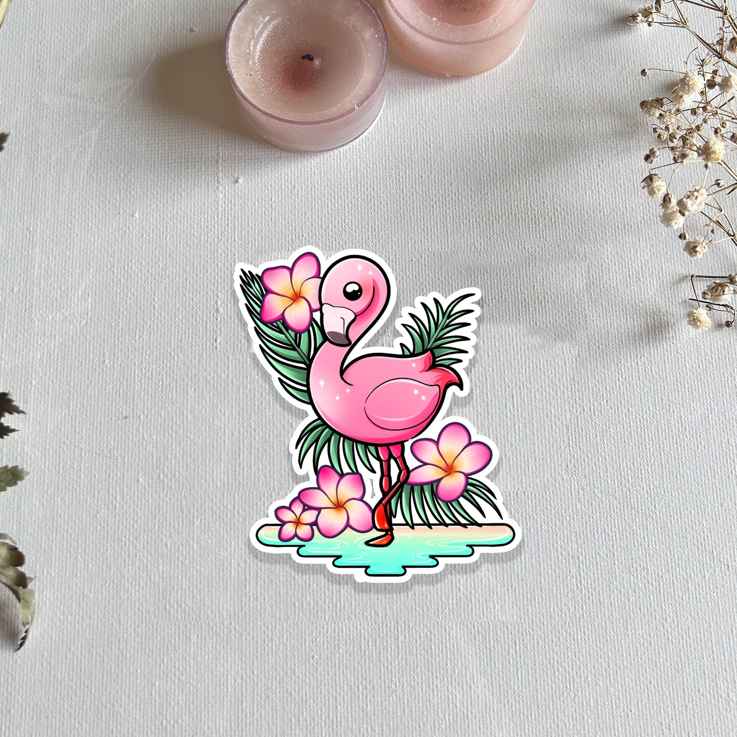 Stickers Flamant rose fleuris
